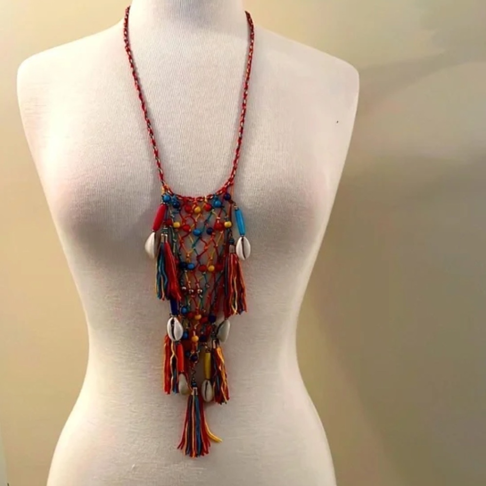 Statement Bohemian Macrame Beaded Necklace Rainbow with shells and tassels NWT